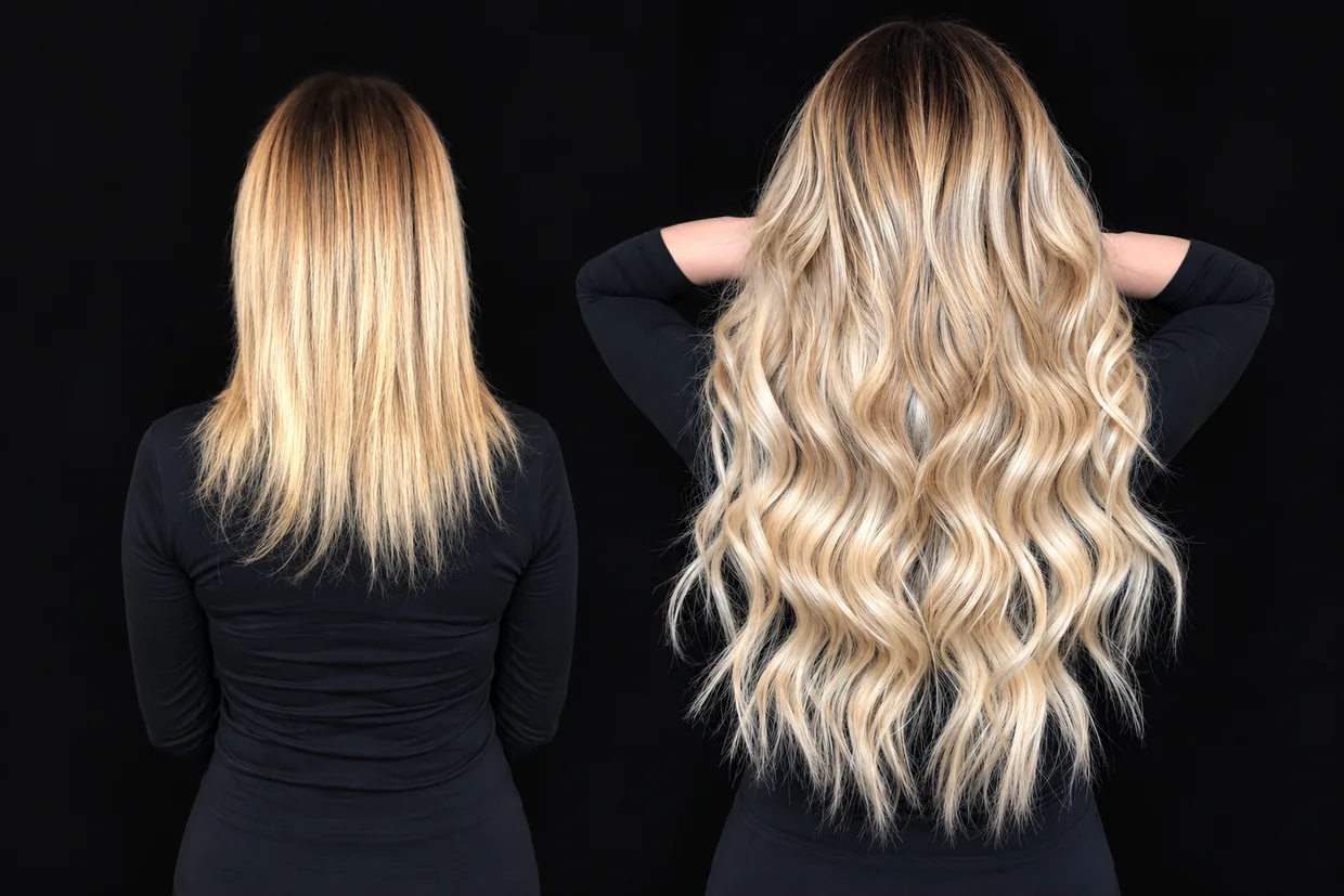 Before and after Bellami hair extensions adding length and fullness, LaBara Salon Buckhead Atlanta