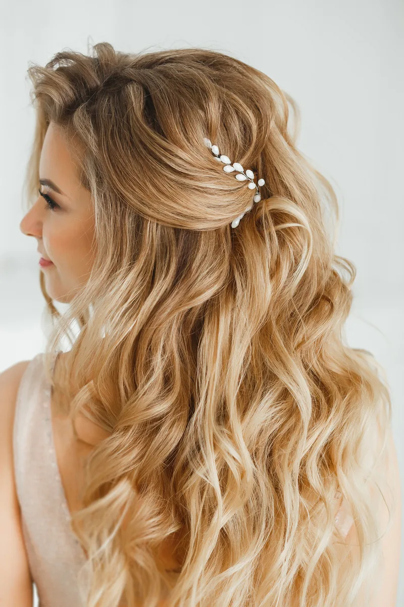 Bridal half-up style with soft waves and a pearl hair vine, LaBara Salon Buckhead Atlanta
