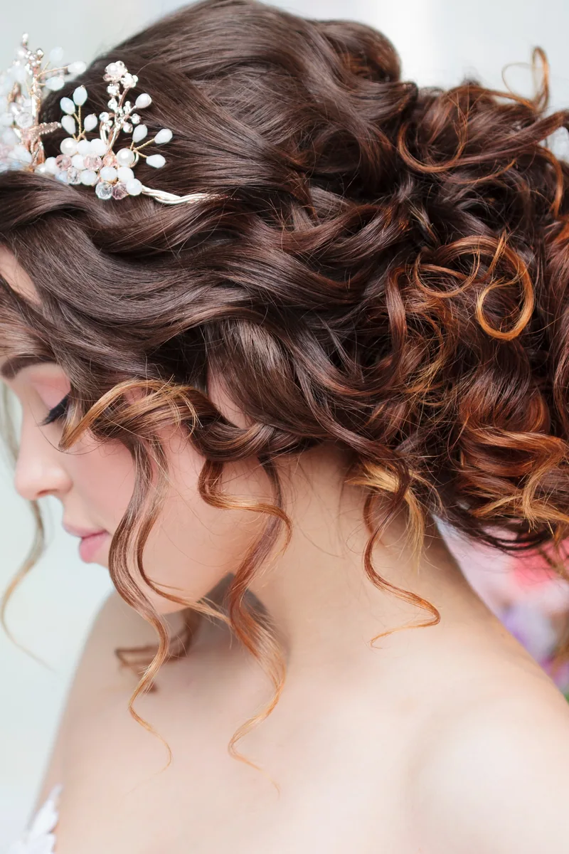 Curled bridal updo with a crystal hair comb, LaBara Salon Buckhead Atlanta