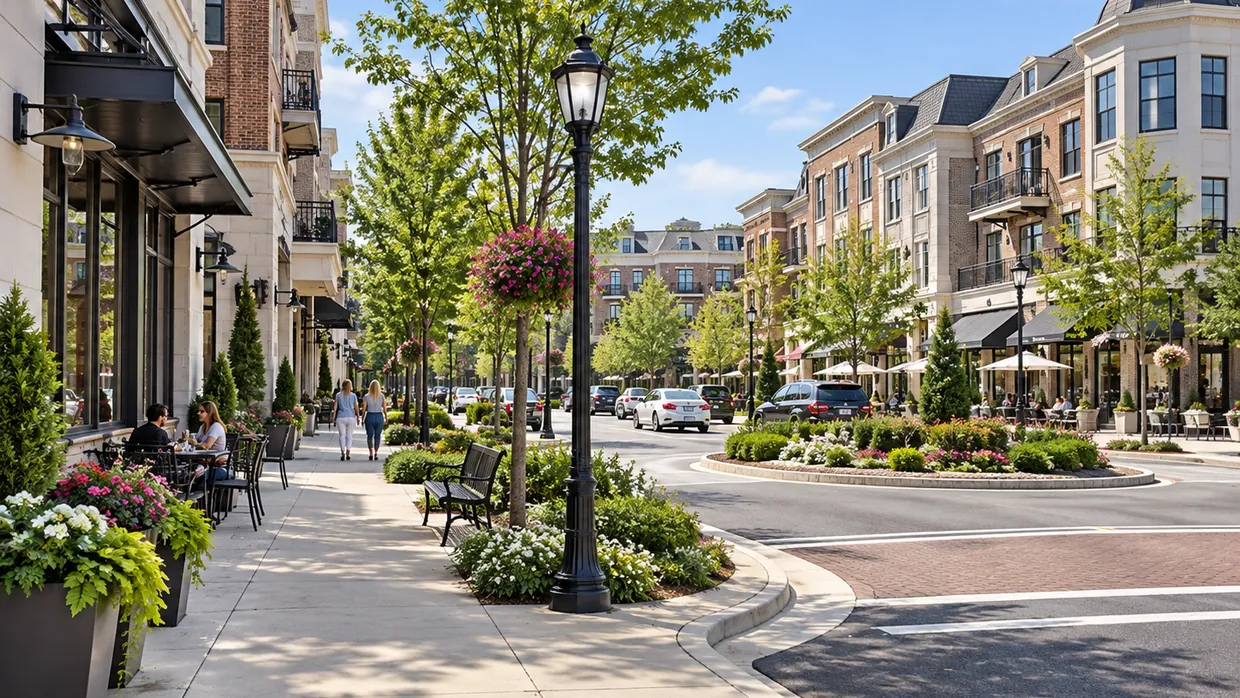 Brookhaven Village shops and sidewalk in Brookhaven, Atlanta GA